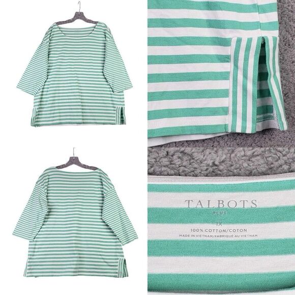 Talbots Tee Shirt Top Long Sleeve Plus Size 1X Cotton Stretch Stripe Green - Picture 1 of 7